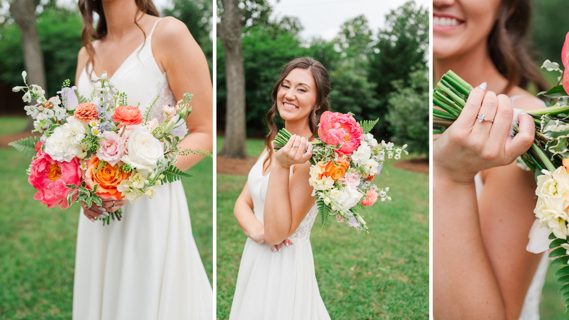 collage of bridal portraits of a bride on her wedding and her flowers in raleigh, nc